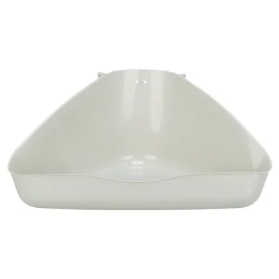 Triangular white plastic bowl, suitable for corner placement. Smooth surface and raised back wall visible.