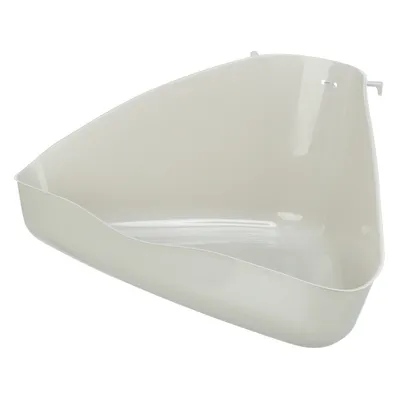 Triangular plastic bowl in beige with raised rim and attachment hook on the back.