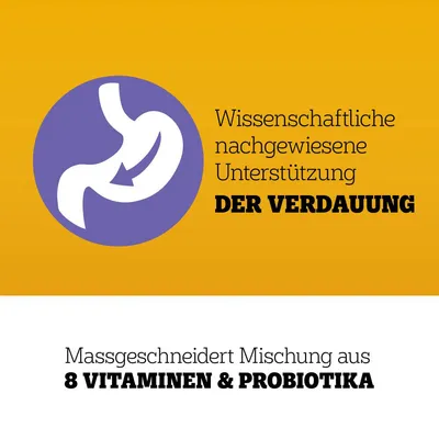 Besedilo v nemščini: Wissenschaftliche nachgewiesene Unterstützung der Verdauung. Massgeschneidert Mischung aus 8 Vitaminen & Probiotika.