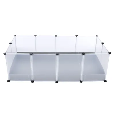 Enclos rectangulaire transparent en plastique avec panneaux reliés par des connecteurs noirs, sans accessoires ni animaux visibles.