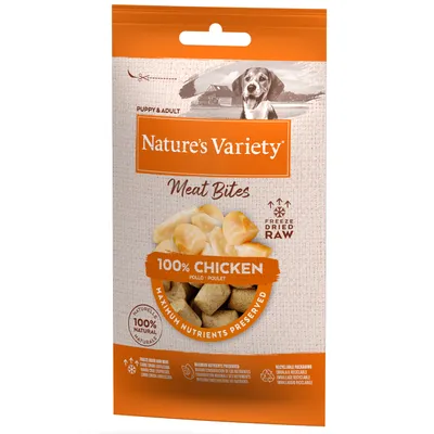 Nature's Variety Meat Bites, 100% kip, gevriesdroogd, voor puppy's en volwassen honden. Maximale voedingsstoffen behouden, 100% natuurlijk, recyclebare verpakking.