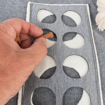 Main plaçant une friandise en forme d’os dans un tapis d’activité en tissu gris avec plusieurs ouvertures rondes.