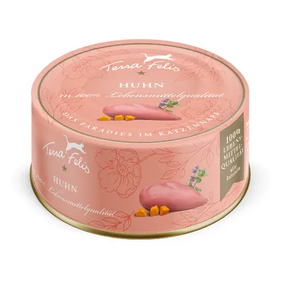 Boîte Terra Felis Huhn, texte visible : 100 % Lebensmittelqualität, Huhn, Das Paradies im Katzen Napf, Terra Felis, illustration de filet de poulet et légumes.
