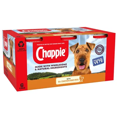 Chappie pack of 6 cans, made with wholesome and natural ingredients, chicken and rice flavour, developed with vets, 100% complete and balanced, 100% recyclable packaging.