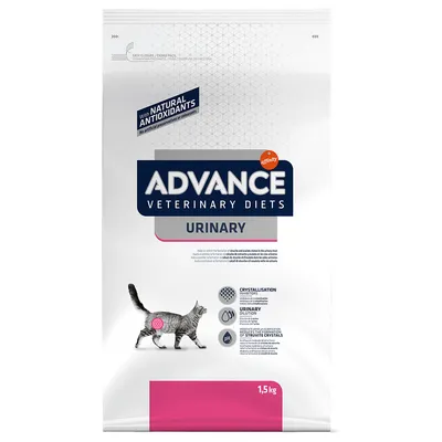 Advance Veterinary Diets Urinary -kissanruokapakkaus, 1,5 kg. Teksti: With natural antioxidants, crystallisation control, urinary dilution, pH control. Kuvassa harmaa kissa.