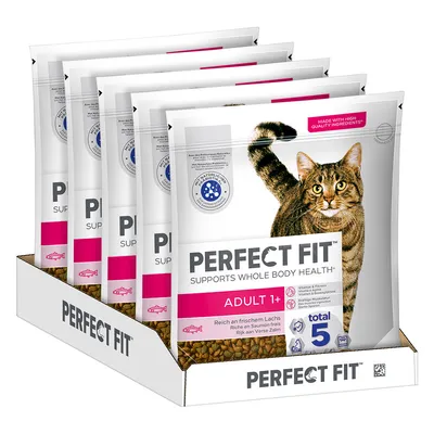 Sachets de croquettes pour chat Perfect Fit Adult 1+, riche en saumon frais, visible : logo total 5, mention supports whole body health, lot de plusieurs paquets en présentoir carton.