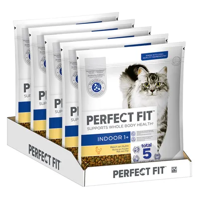Lot de 5 sachets Perfect Fit Indoor 1+ pour chat, riche en poulet. Texte visible : Supports Whole Body Health, total 5, Made with high quality ingredients.