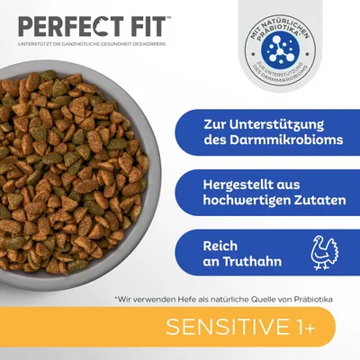 Perfect Fit Sensitive 1+ Trockenfutter. Unterstützt das Darmmikrobiom, hergestellt aus hochwertigen Zutaten, reich an Truthahn. Mit natürlichen Präbiotika aus Hefe.