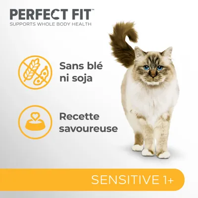 PERFECT FIT, Sans blé ni soja, Recette savoureuse, SENSITIVE 1+ visibles sur l’image avec un chat à poils longs. Texte en anglais : Supports whole body health.