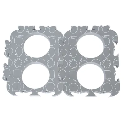 Suport gri cu patru decupaje rotunde, potrivit pentru boluri de hrană. Model decorativ cu baloane de dialog și flori.