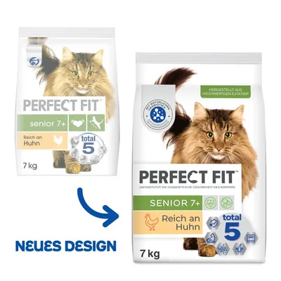 Deux sacs de croquettes pour chat Perfect Fit Senior 7+ 7 kg, riche en poulet, ancien et nouveau design, texte allemand « Neues Design » visible.