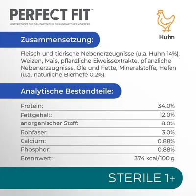 Perfect Fit Huhn. Состав и аналитические компоненты на немецком: белок 34 %, жир 12 %, зола 8 %, клетчатка 3 %, кальций 0,88 %, фосфор 0,88 %, калорийность 374 ккал/100 г. STERILE 1+.