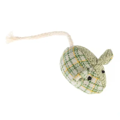 Toy mouse made of green fabric with yellow and white check pattern, black eyes and braided cord tail.
