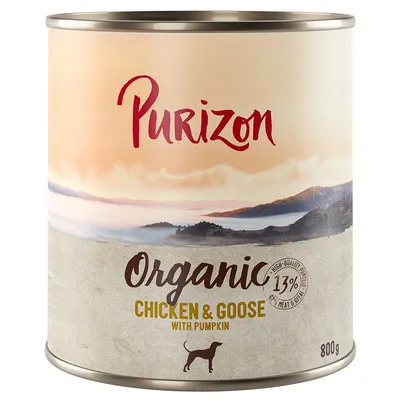 Purizon Organic Chicken & Goose with pumpkin, 800g can. 13% protein, 62% meat and offal. High-quality ingredients for dogs.