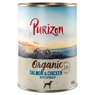 Purizon Organic Salmon & Chicken met Spinazie, 13% Eiwit, 400 g blik, hondensymbool op de verpakking Purizon Organic Salmon & Chicken met Spinazie, 13% Eiwit, 400 g blik, hondensymbool op de verpakking