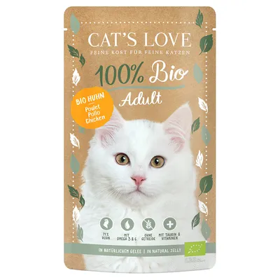 Cat's Love Adult 100% bio kuře v přírodním želé. Bez obilovin, s omega 3 a 6, taurinem a vitaminy. Bio certifikát DE-ÖKO-001.