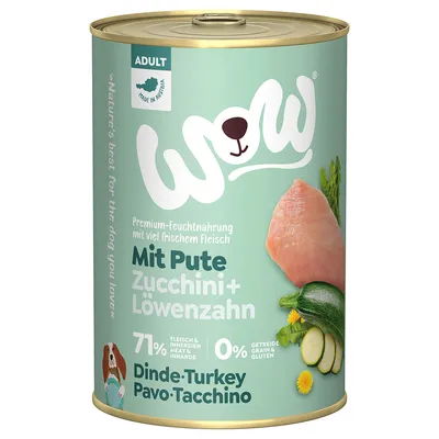 WOW Premium-Feuchtnahrung Adult mit Pute, Zucchini und Löwenzahn. 71% Fleisch & Innereien, 0% Getreide & Gluten. Made in Austria.