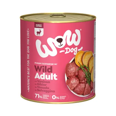 WOW Dog Premium Feuchtnahrung Wild Adult mit 71% Fleisch & Innereien, 0% Getreide & Gluten. Made in Austria. Zutaten: Wildfleisch, Süsskartoffeln, Kräuter.