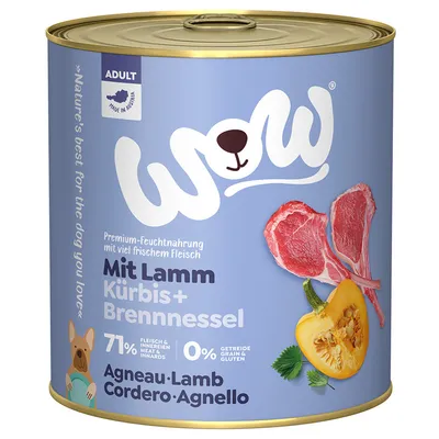 Boîte WOW Agneau, citrouille et ortie pour chien adulte, 71 % viande et abats, 0 % céréales et gluten. Texte multilingue : Agneau-Lamb-Cordero-Agnello. Visuels d’agneau cru et de citrouille.