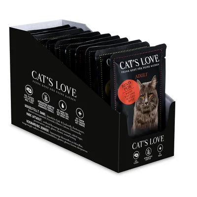 Cat's Love Adult Manzo Pur. Alimento per gatti senza additivi artificiali, con Omega 3&6 e taurina. Ricetta senza cereali garantita.