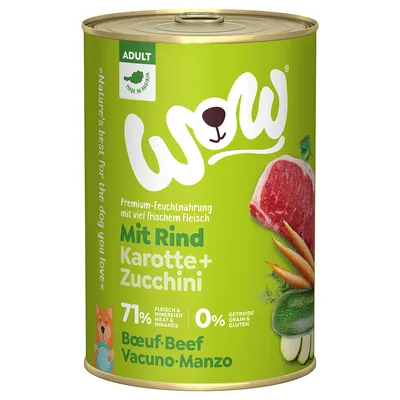 WOW Premium-Feuchtnahrung Adult mit Rind, Karotte und Zucchini. 71% Fleisch & Innereien, 0% Getreide & Gluten. Made in Austria.