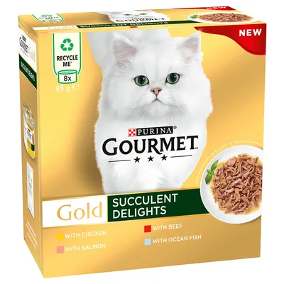 Purina Gourmet Gold Succulent Delights, 8x85 г. Виды: курица, говядина, лосось, морская рыба. Подлежит переработке. Новинка.