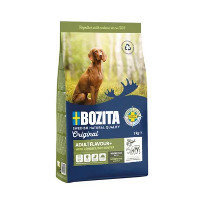 Bozita Original Adult Flavour+ with reindeer, 3kg. Wheat-free, 25% protein, 12% fat. Made in Sweden. Recyclable. Suitable for adult dogs.