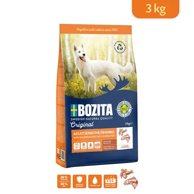 Bozita Adult Sensitive con salmón y arroz, 3 kg. Hecho en Suecia, 26% proteína, 16% grasa, omega 2 y 6, sin trigo, apoya el sistema inmunitario y el pelaje brillante.