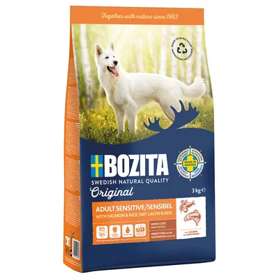 Bozita Adult Sensitive con salmón y arroz, 3kg. Receta sin trigo, Made in Sweden, envase reciclable. Apoyo a piel y pelaje, 26% proteína, 16% grasa.