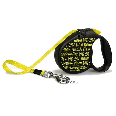Retractable lead with a black handle and yellow tape, featuring repeated text 'flexi neon' on the casing. Metal clip attached for securing to a collar or harness.