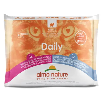 Almo Nature Daily мультипак для взрослых кошек, 6x70 г. 3x тунец и лосось, 3x треска и креветки. 100% прибыли в пользу природы через Fondazione Capellino.