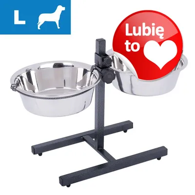 Dwie metalowe miski na stojaku, rozmiar L dla psa, widoczny napis „Lubię to” na czerwonym tle z sercem w kółku.