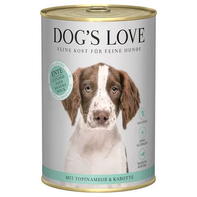 Dog's Love mokré krmivo pre psy, hypoalergénne, so 60 % kačice, topinamburom a mrkvou. Vyrobené v Rakúsku.