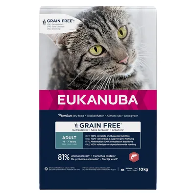 Sac de croquettes pour chat Eukanuba, sans céréales, adulte 1–7 ans, 81 % de protéines animales, alimentation 100 % complète et équilibrée, 10 kg.