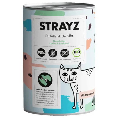 Strayz mokra karma z łososiem i brokułami, 95% wysoka zawartość mięsa, bez zbóż, bez dodatku cukru, certyfikat bio.