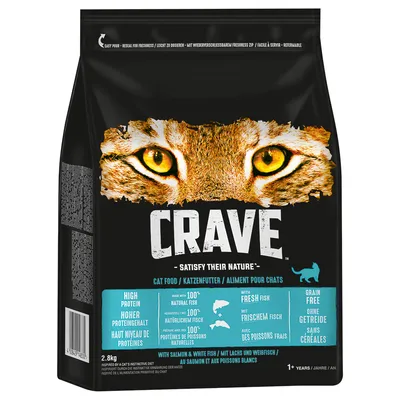 CRAVE aliment pour chats, haut niveau de protéines, 100 % protéines de poissons naturelles, avec saumon et poissons blancs, sans céréales, 2,8 kg. Texte en anglais, allemand et français visible.