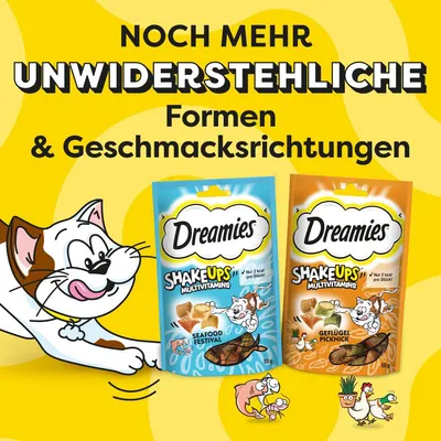 Dreamies Shake Ups Multivitamins, упаковки Seafood Festival и Geflügel Picknick, текст на немецком: Noch mehr unwiderstehliche Formen & Geschmacksrichtungen