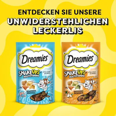 Dreamies Shake Ups Multivitamins, Seafood Festival и Geflügel Picknick, 55 г. Текст на немецком: Entdecken Sie unsere unwiderstehlichen Leckerlis. Nur 2 kcal pro Stick!