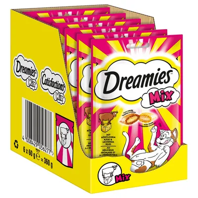 Balení 6×60 g Dreamies Mix, viditelné texty: Dreamies Mix, Catisfactions Mix, obrázek kočky a sýra, čárový kód, celková hmotnost 360 g.