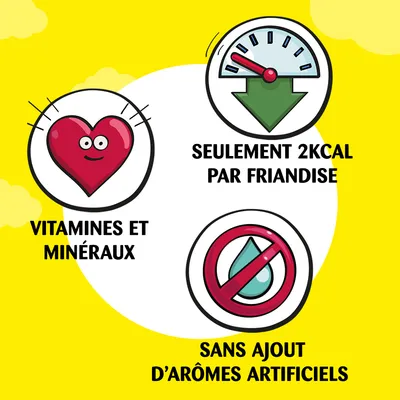 Vitamines et minéraux, seulement 2 kcal par friandise, sans ajout d’arômes artificiels. Texte en français belge visible sur l’image.