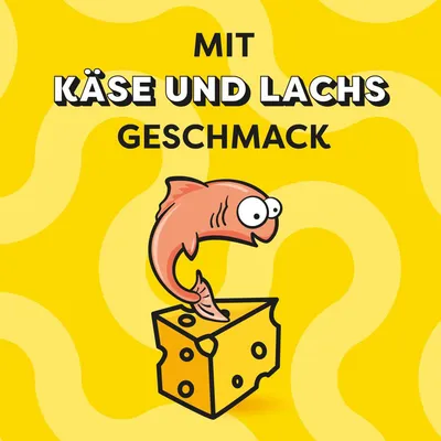 Mit Käse und Lachs Geschmack. Illustration eines Lachses auf einem Stück Käse vor gelbem Hintergrund.