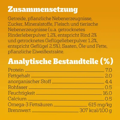 Zusammensetzung: Getreide, pflanzliche Nebenerzeugnisse, Fleisch und tierische Nebenerzeugnisse, Öle, Fette. Analytische Bestandteile: Protein 7%, Fett 2%, Feuchtigkeit 16%.