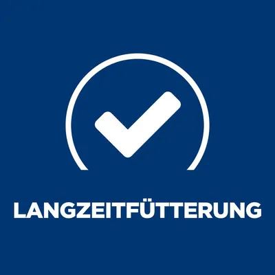 Langzeitfütterung mit weissem Häkchen-Symbol in einem Kreis auf blauem Hintergrund.