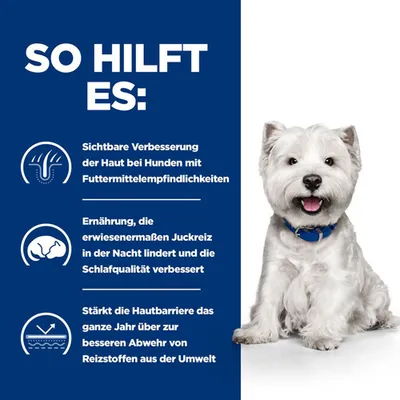 So hilft es: Sichtbare Verbesserung der Haut bei Hunden mit Futtermittelunverträglichkeiten. Ernährung lindert Juckreiz und verbessert Schlafqualität. Stärkt Hautbarriere gegen Reizstoffe.