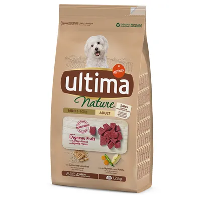 Sac de croquettes Ultima Nature Adult Mini 1–10 kg, avec l’Agneau Frais, céréales complètes, légumes et pomme, 1,25 kg. Sans colorants, conservateurs ni sucres ajoutés.
