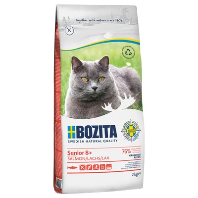 BOZITA Senior 8+ Lazac/Saumon száraz macskaeledel, 76% állati fehérje, gabonamentes, 2 kg, Svédországban készült, 8 éves vagy annál idősebb macskák számára.