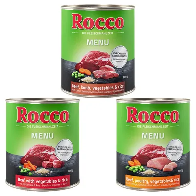 Rocco Menu mokra hrana za pse, 800g konzerve: govedina, janjetina, povrće i riža; govedina, perad, povrće i riža; govedina s povrćem i rižom. Obogaćeno ugljikohidratima.