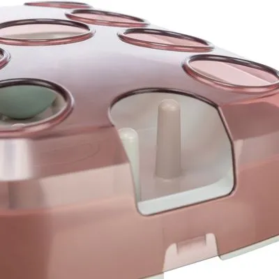 Detail van een interactief huisdierenspeelbord van roze en wit plastic met ronde openingen en twee staafjes zichtbaar in een vak.