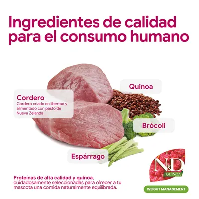 Ingredientes: carne de cordero, quinoa, brócoli, espárragos. Proteínas de alta calidad y quinoa para una alimentación equilibrada para mascotas. N&D Quinoa Weight Management.
