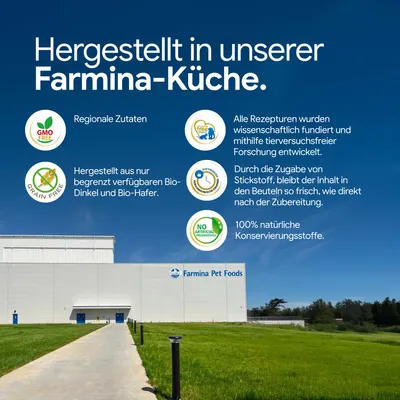Fabriqué dans notre cuisine Farmina : ingrédients régionaux, épeautre bio et avoine bio, recettes scientifiquement élaborées sans tests sur les animaux, fraîcheur à l’azote, conservateurs 100 % naturels. Fabriqué dans notre cuisine Farmina : ingrédients régionaux, épeautre bio et avoine bio, recettes scientifiquement élaborées sans tests sur les animaux, fraîcheur à l’azote, conservateurs 100 % naturels.